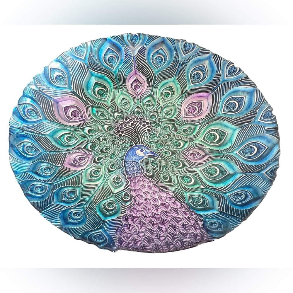 16" Turkish Iridescent Blue Green PEACOCK Glass Bowl Decorative Centerpiece